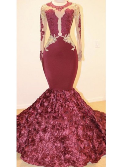 2024 New Arrival Prom Dresses Mermaid Long Sleeves Burgundy Gold Appliques Rose