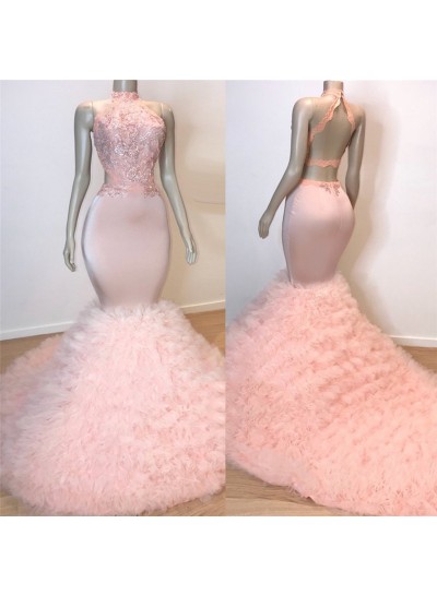 2023 New Arrival Prom Dresses Mermaid Backless Tulle Pink High Neck Lace