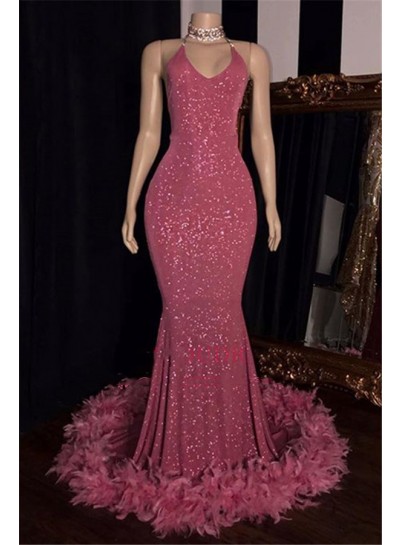 2024 Charming Mermaid Prom Dresses Hot Pink Sequence With Feathers Halter Backless