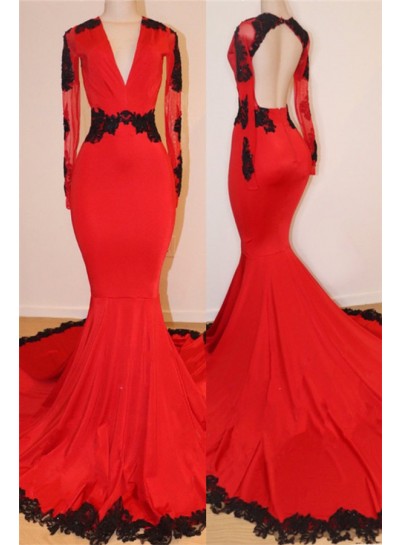 2024 Prom Dresses Red With Black Appliques V Neck Long Sleeves