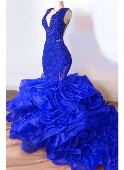 2024 Prom Dresses Royal Blue Mermaid V Neck Organza Layered Lace Long