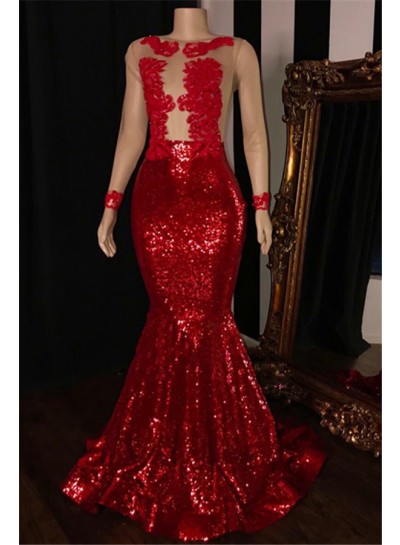 2024 Elegant Prom Dresses Red Mermaid Sequence Long Sleeves Scoop See Through
