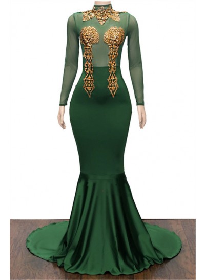 2024 Charming Prom Dresses Hunter Long Sleeves High Neck Gold Appliques