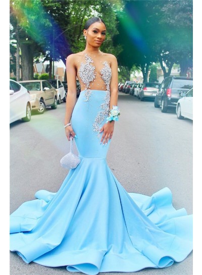 2024 Charming Prom Dresses Satin Blue Beaded Long See Through Long
