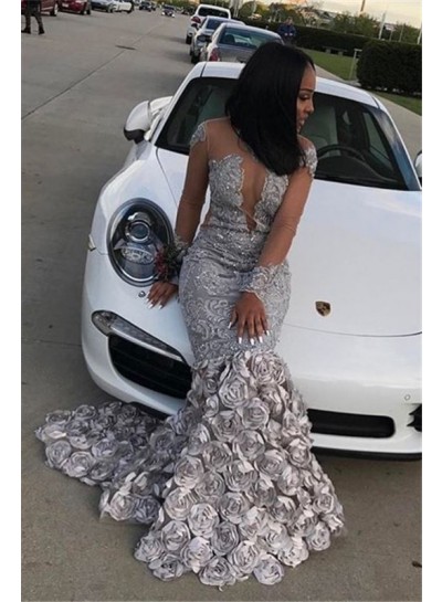 2024 New Arrival Prom Dresses Mermaid Silver Long Sleeves Rose Open Front Long