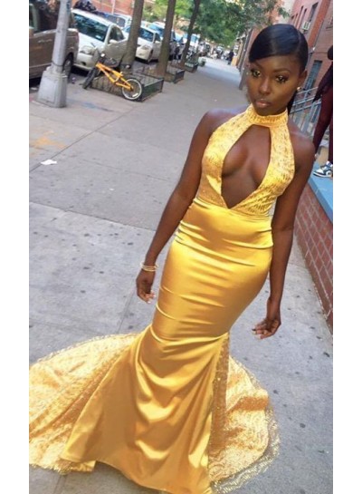 2024 New Arrival Prom Dresses Yellow Mermaid High Neck Open Front