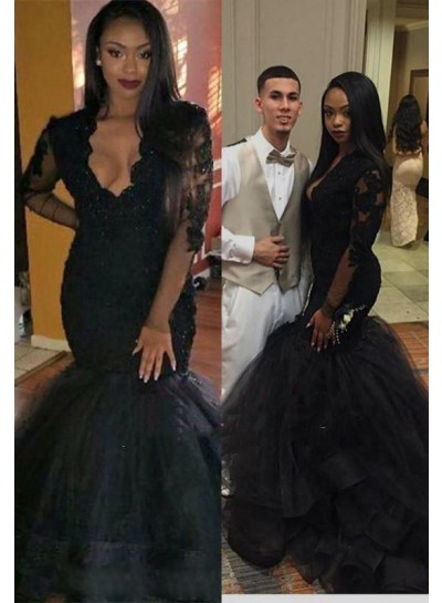 2024 Sexy Prom Dresses Black Long Sleeves Mermaid Open Front Tulle