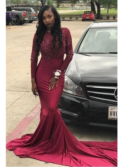 2024 New Arrival Prom Dresses Long Sleeves Burgundy Long Train Scoop Lace