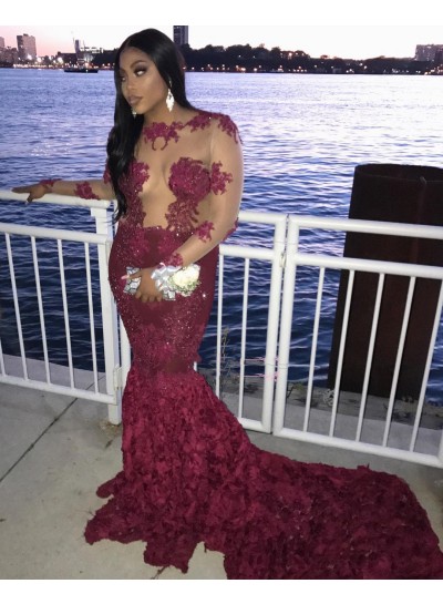 2024 Sexy Mermaid Prom Dresses Long Sleeves Burgundy See Through Rose Lace Long