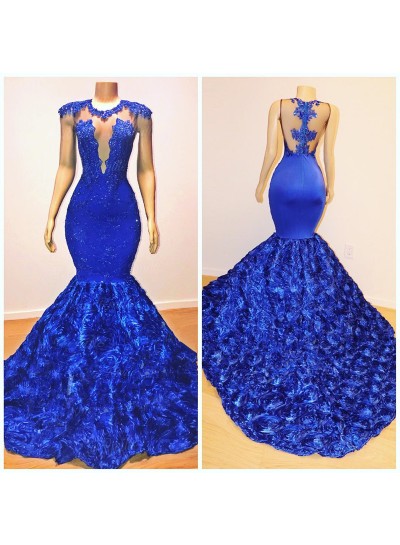 2024 Sexy Mermaid Prom Dresses Royal Blue Open Front Rose Lace