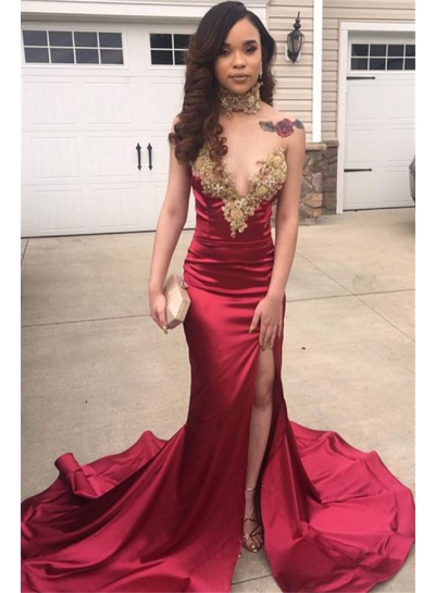 2023 Charming Prom Dresses Burgundy Elastic Satin Side Slit Sweetheart With Gold Appliques