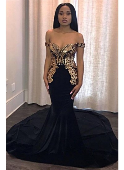 2023 Sexy Mermaid Prom Dresses Black Off Shoulder Sweetheart Satin Gold Lace