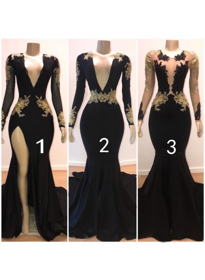 2024 Sexy Prom Dresses Black Mermaid Long Sleeves V Neck Gold Appliques