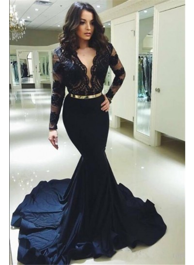 2024 Charming Prom Dresses Black Mermaid Satin V Neck Long Sleeves Lace