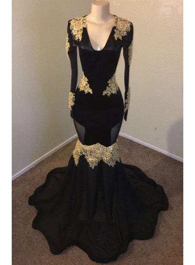 2024 Sexy Prom Dresses Black Mermaid Long Sleeves V Neck With Gold Appliques