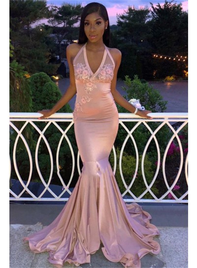 2024 Sexy Prom Dresses Satin Dusty Rose Halter Backless Embroidery