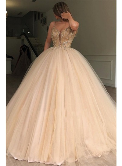 2024 Charming Prom Dresses Sweetheart Tulle Champagne Beaded Ball Gown