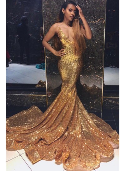 2023 Sexy Mermaid Prom Dresses Gold Deep V Neck Sequence Long