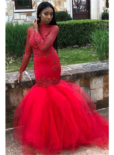 2024 Prom Dresses Mermaid Red Long Sleeves See Through High Neck With Appliques