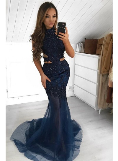 2023 Prom Dresses Mermaid Dark Navy Tulle High Neck Hollow Out With Appliques