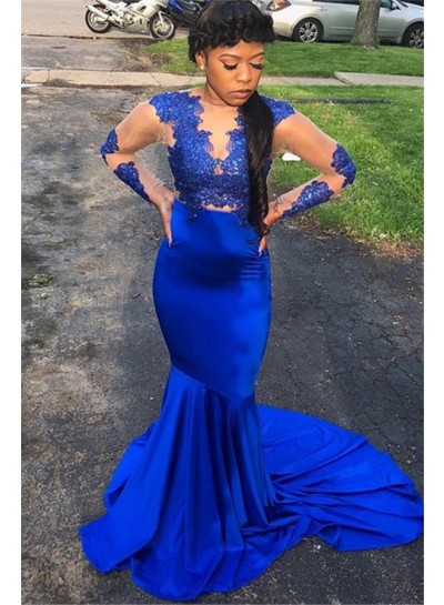 2023 Prom Dresses Royal Blue Mermaid Long Sleeves Elastic Satin New