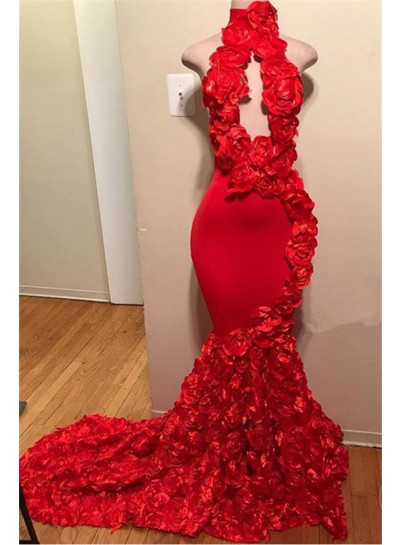 2024 Sexy Prom Dresses Red Mermaid High Neck Rose Open Front Backless