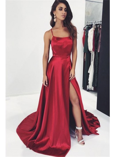 2024 Prom Dresses A Line Side Slit Elastic Satin Red Halter