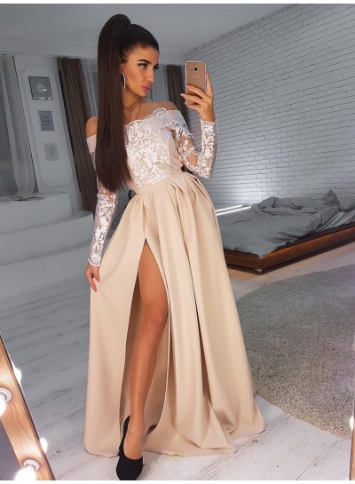 2024 Prom Dresses A Line Satin Champagne Off Shoulder Side Slit Long Sleeves Lace