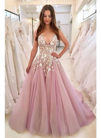 2024 Prom Dresses A Line New Arrival V Neck Lace Dusty Rose Tulle