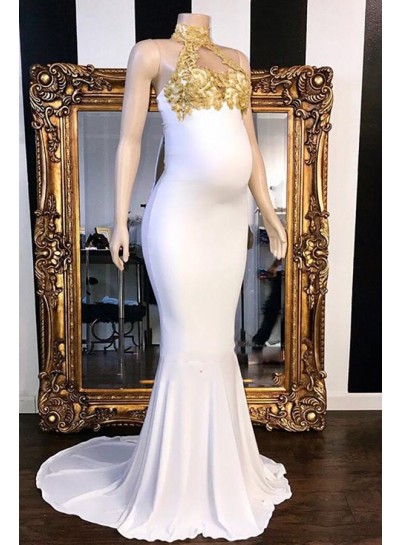 2024 Prom Dresses Mermaid White Gold Appliques High Neck