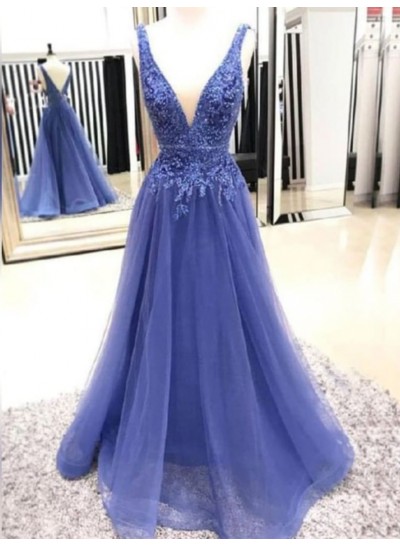 2024 Prom Dresses A Line Royal Blue V Neck Tulle With Appliques