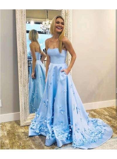 2024 Elegant Prom Dresses A Line Satin Strapless Blue Floral Long