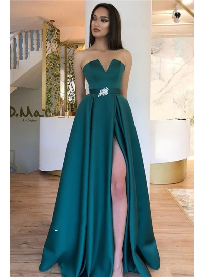 2024 Elegant Prom Dresses V Neck Strapless Satin Teal Beaded Belt Side Slit