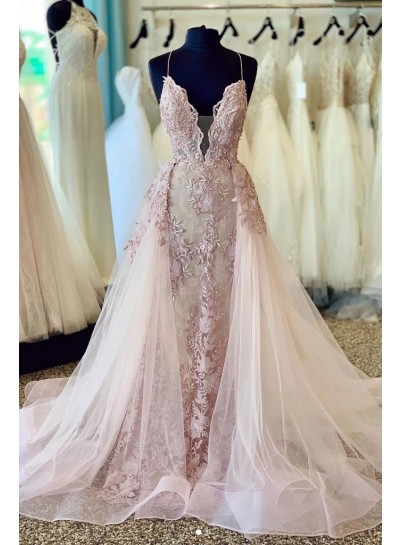 2023 Prom Dresses Pearl Pink Tulle Halter V Neck Lace Detachable Train