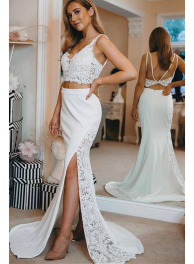 2024 Prom Dresses White Side Slit Sheath Two Pieces Backless Lace