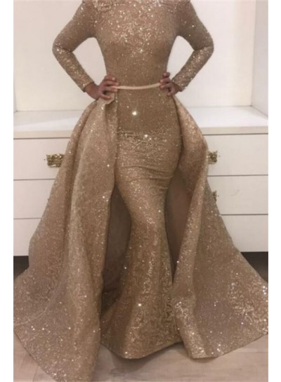 2023 Amazing Prom Dresses Champagne Long Sleeves Detachable Train Long Lace