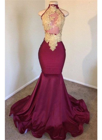 2024 Charming Prom Dresses Satin Mermaid Burgundy With Gold Appliques High Neck