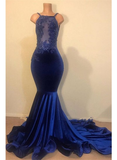 2024 Charming Mermaid Prom Dresses Royal Blue Velvet Beaded Backless