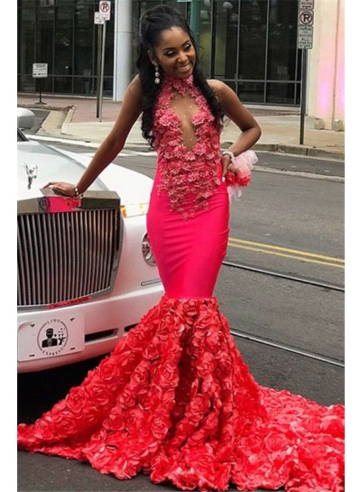 2024 Sexy Mermaid Prom Dresses Red Open Front Rose High Neck