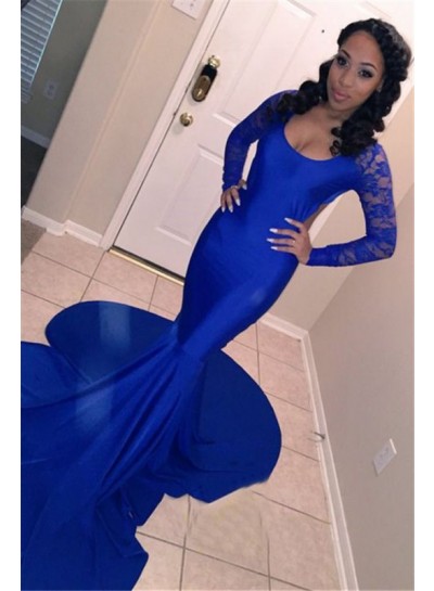 2024 Prom Dresses Long Sleeves Mermaid Royal Blue Lace Backless