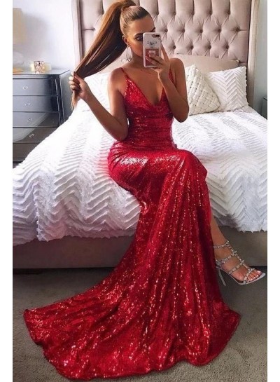 2024 Sexy Prom Dresses Red Mermaid Backless Sequence Side Slit