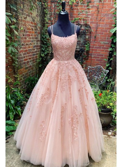 2024 New Arrival Prom Dresses Tulle Blush Pink Ball Gown With Appliques Lace Up 