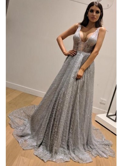 2024 Charming Prom Dresses A Line V Neck Silver Backless Lace 