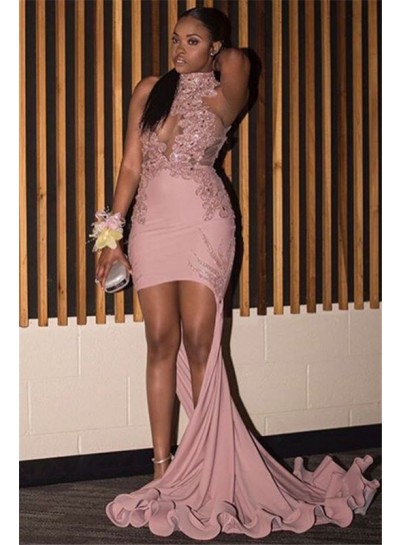 2024 Charming Prom Dresses Dusty Rose High Low High Neck See Through Sheath With Appliques