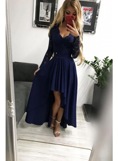 2024 Prom Dresses Dark Navy A Line Long Sleeves Lace High Low