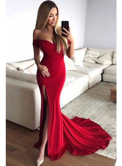 2024 Sexy Prom Dresses Red Off Shoulder Sheath Sweetheart Side Slit