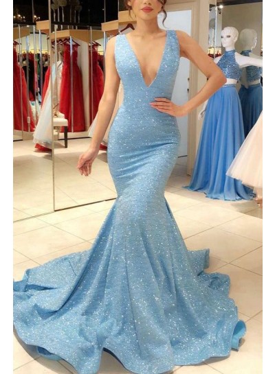 2024 Sexy Prom Dresses Blue V Neck Mermaid Sequence Long