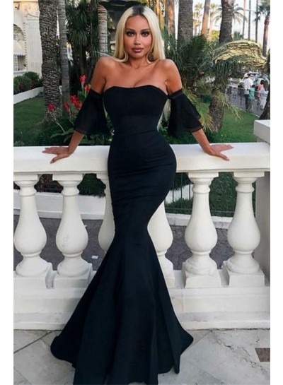 2024 Sexy Mermaid Prom Dresses Strapless Bell Sleeves Black Cheap