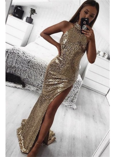 2024 New Arrival Prom Dresses Pleated Sheath Side Slit Gold High Neck Sequence