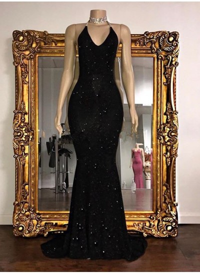2024 Sexy Prom Dresses Black Halter Mermaid Sequence Backless